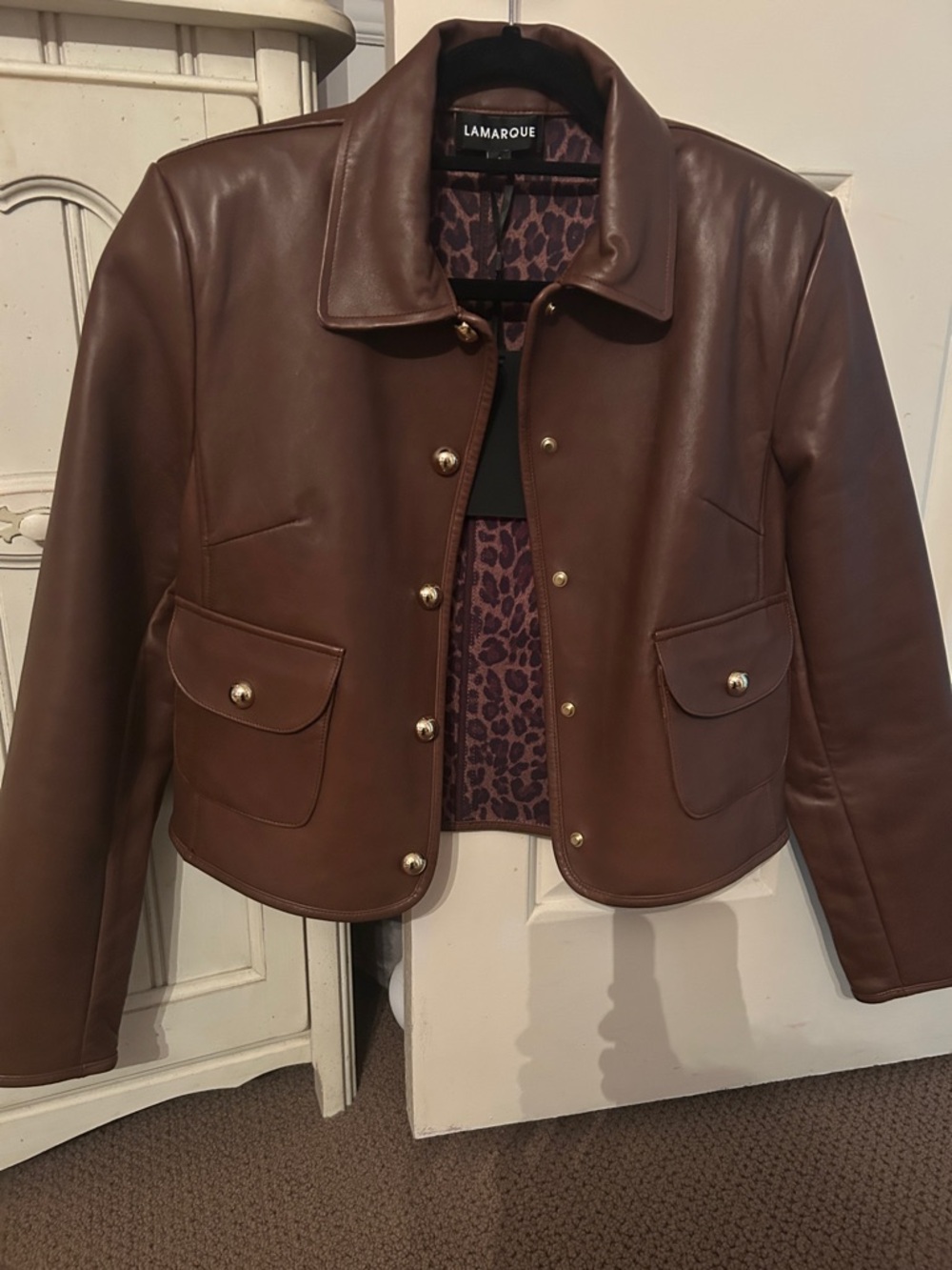 LAMARQUE Chestnut Brown Leather Button-Front Crop Jacket